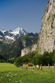 Cyclists at Lauterbrunnen Valley, canton of Bern, Switzerland, Europe