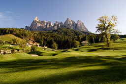 Golfplatz, Golfclub Kastelruth, mit Seiser Alm im Hintergrund, Dolomiten, Südtirol, Italien