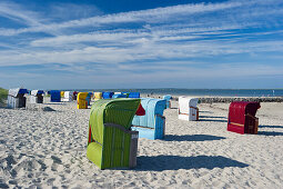 Colourful beachchairs on the beach, Utersum, Foehr, North Frisian Islands, Schleswig-Holstein, Germany, Europe