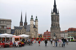 Market church with red tower at market, Halle an der Saale, Saxony-Anhalt, Germany, Europe