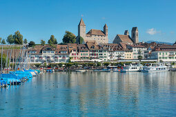 Blick auf Burg, Altstadt und Hafen, Rapperswil, Zürichsee, St. Gallen, Schweiz, Europa