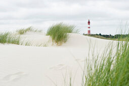 Footprint on the sand surface, Lighthouse and sand dunes, near Nebel, Amrum, North Frisian Islands, Schleswig-Holstein, Germany