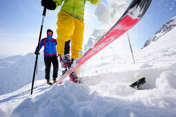Two cross-country skiers ascending to mount Sulzspitze, Tannheim Mountains, Allgaeu Alps, Tyrol, Austria