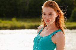 Young woman at the Isar river, Munich, Bavaria, Germany