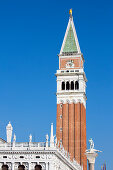 Statues of Libreria Nazionale Marciana and Campanile tower on Piazza San Marco, Venice, Veneto, Italy, Europe