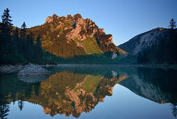 Ruchenkoepfe reflecting in a mountain lake, Spitzing area, Bavarian Alps, Upper Bavaria, Bavaria, Germany