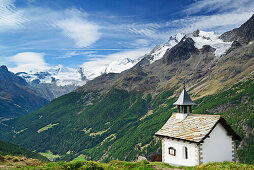 Chapel in front of Mischabel range, Pennine Alps, Valais, Switzerland