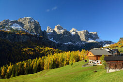 Farmhouse in front of Sella range, Dolomites, UNESCO World Heritage Site Dolomites, South Tyrol, Italy