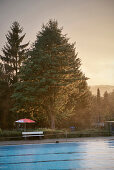 Sunset at open air swimming pool Spiesel, Aalen, Ostalbkreis, Swabian Alb, Baden-Wuerttemberg, Germany