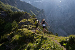 Trailrunning, Trail running, Trail, Ramsau, Dachstein, Styria, Austria, couple, woman, man, meadow, running, walking, run, mountains, mountain run, jogging, sport, fitness, health,. Trailrunning, Trail running, Trail, Ramsau, Dachstein, Styria, Austria, c