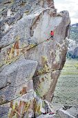Nic Houser rock climbing a route called Techno Weenie which is rated 5,11 and located on the Building Blocks at The City Of Rocks National Reserve near the town of Almo in southern Idaho