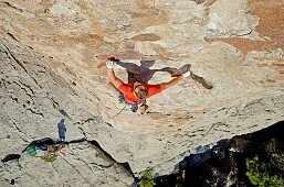 Elijah Weber rock climbing Scream Cheese which is rated 5,9 and located on the Anteater at The City Of Rocks National Reserve near the town of Almo in southern Idaho