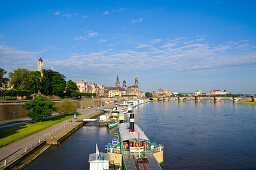 View over the river Elbe towards the barock historic city of Dresden and Augustus bridge, Dresden, Saxony, Germany