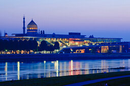 River Elbe, congress center and Yenidze at night, Dresden, Germany
