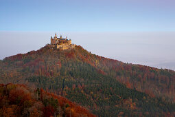 View to Hohenzollern castle, near Hechingen, Swabian Alb, Baden-Wuerttemberg, Germany