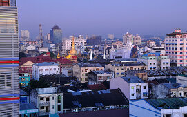 View from New Aye Yar hotel on the oldtown and Sule Pagoda, Yangon, Myanmar, Burma, Asia