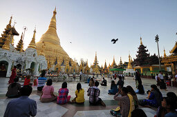 People praying in front of the Shwedagon Pagoda, Yangon, Myanmar, Burma, Asia