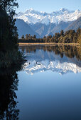 Perfect mountain reflections at Lake Matheson, Southern Alps with Mount Tasman and Mount Cook, Aoraki, South Island, New Zealand