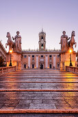 Cordonata capitolina, staircase leading towards statues of Castor and Pollux in the evening, architect Michelangelo, Senatorial Palace in background, illuminated, Capitoline Hill, UNESCO World Heritage Site Rome, Rome, Latium, Lazio, Italy