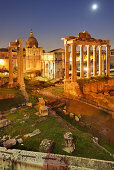 Illuminated Roman Forum at night with temple of saturn in the middle, UNESCO World Heritage Site Rome, Rome, Latium, Lazio, Italy