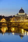 St Peter´s basilica above the river Tiber at night, illuminated, UNESCO World Heritage Site Rome, Rome, Latium, Lazio, Italy