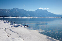 Lake Forggensee with view to the Allgaeu Alps with Tegelberg and Saeuling, Allgaeu, Bavaria, Germany