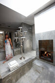 Bathroom with fireplace and concrete bathtub, Hotel Areias do Seixo, Povoa de Penafirme, A-dos-Cunhados, Costa de Prata, Portugal