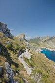 Coastal highway MA-2210 to Cap de Formentor, Cala Figuera bay on the right, Formentor Peninsula, north shore, Mallorca, Balearic Islands, Spain