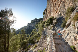 Fuss- und Wanderweg, gepflastert, führt zum Castell Alaró, auf Puig D'Alaró, beim Dorf Alaró, Tramuntana, Mallorca, Balearen, Spanien