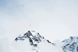 Gleitschirmflieger und die Jungfrau im Hintergrund, Mürren, Berner Oberland, Kanton Bern, Schweiz