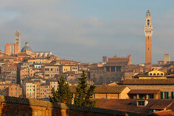 Cityscape with Torre del Mangia bell tower of the town hall and Duomo Santa Maria cathedral, Siena, UNESCO World Heritage Site, Tuscany, Italy, Europe