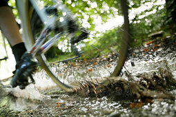 Man cyclocross touring in autumn, close-up wheel, Oberambach, Munsing, Bavaria, Germany