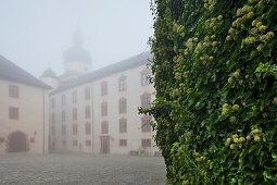 Marienberg fortress surounded by fog, Wuerzburg, Bavaria, Germany