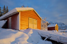 Boats house near Gammelgarden, Austnesfjorden, Austvagoya, Lofoten, Nordland, Norway