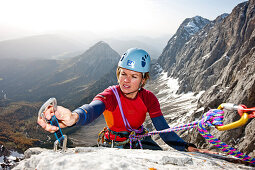 Young woman climbing, Skywalk, Dachstein mountains, Styria, Austria