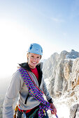 Young woman climbing, Skywalk, Dachstein mountains, Styria, Austria