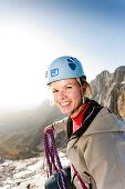 Young woman climbing, Skywalk, Dachstein mountains, Styria, Austria