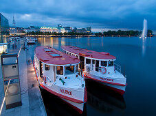 Excursion boats on the Binnenalster at dusk, Hanseatic City of Hamburg, Germany