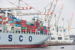 Das Containerschiff Cosco Oceania wird Be- und Entladen am Container Terminal Tollerort, Hamburg, Deutschland