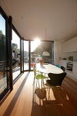 Terrace and kitchen of a houseboat, Eilbek canal, Hamburg, Germany