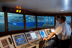 Captains at the MTC shiphandling simulator, Marine Training Center, Hamburg, Germany