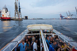 Party barge Frau Hedi, DJs putting on records during the harbour cruise, Hamburg, Germany