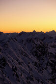 Snow-covered mountain scenery in twilight, Thaneller, Lechtal Alps, Tyrol, Austria