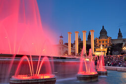 Illuminated fountain Font Magica and Palau Nacional at night, National Museum, Montjuic, Barcelona, Catalonia, Spain