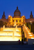 Illuminated fountain and Palau Nacional at night, National Museum, Montjuic, Barcelona, Catalonia, Spain