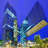 Modern building, illuminated at night, gasNatural, architects Enric Miralles and Benedetta Tagliabue, Barceloneta, Barcelona, Catalonia, Spain