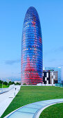 Skyscraper Torre Agbar, illuminated, architect Jean Nouvel, Barcelona, Catalonia, Spain