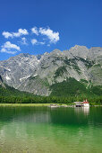 Königssee und Kirche St. Bartholomä mit Watzmann mit Watzmann-Ostwand, St. Bartholomä, Königssee, Berchtesgadener Alpen, Nationalpark Berchtesgaden, Berchtesgaden, Oberbayern, Bayern, Deutschland