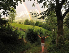 Double rainbow over Zahmer Kaiser mountain, Kaiserwinkl, Tyrol, Austria, Europe