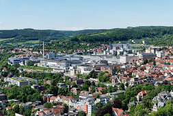 View from Jen tower showing industrial area and the companies Schott, Jenapharm and Carl Zeiss Jena, Jena, Thuringia, Germany